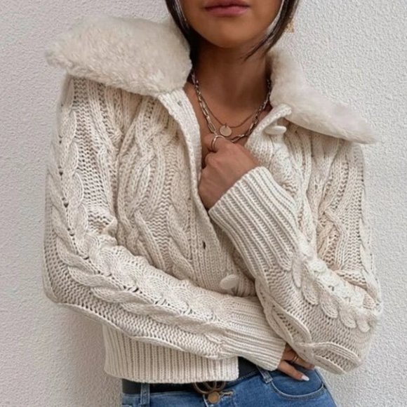 BEIGE TEDDY COLLAR BUTTON DOWN CABLE KNIT CARDIGAN - Picture 5 of 5